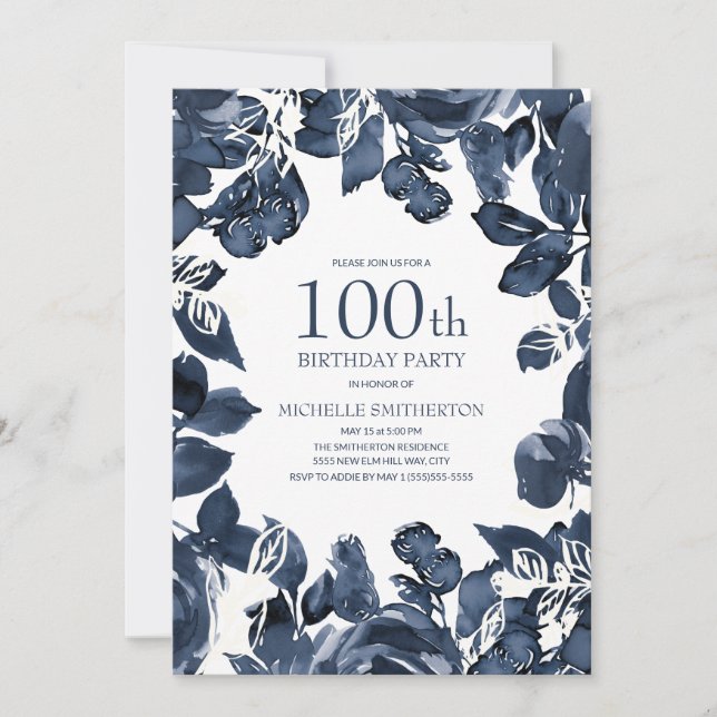 Invitation Marine Blue Indigo Feuilles 100e anniversaire (Devant)