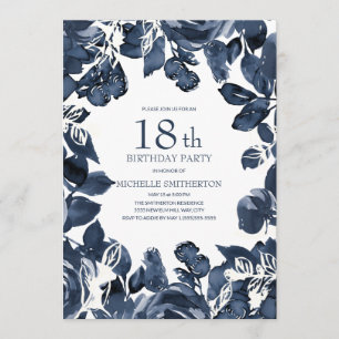 Invitation Marine Blue Indigo Feuilles 18e anniversaire