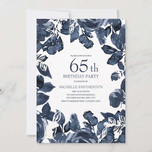 Invitation Marine Blue Indigo Feuilles 65e anniversaire (Devant)