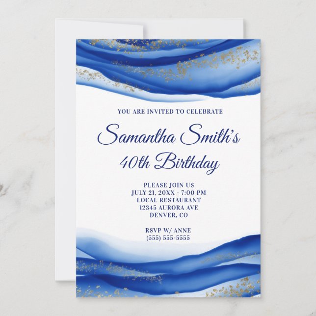 Invitation Marine Blue Ink Gold Flakes Geode 40e anniversaire (Devant)