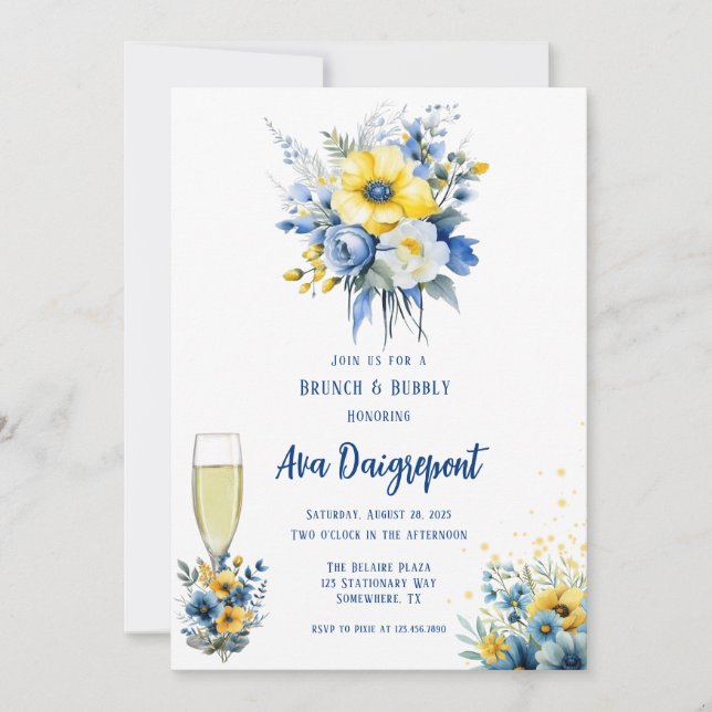 Invitation Marine Blue Jaune Floral Gold Brunch & Bubbly (Devant)