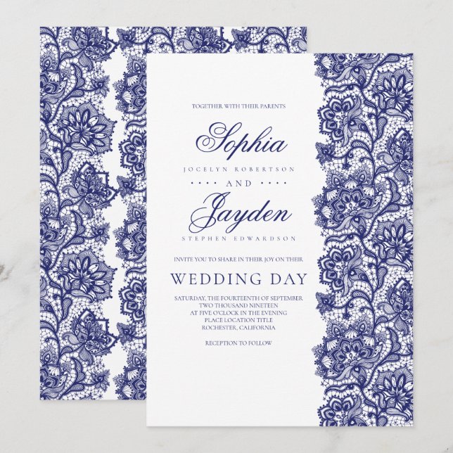 Invitation Marine Blue Lace Élégant et Mariage moderne (Devant / Derrière)