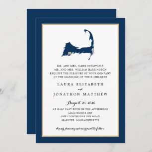 Invitation Marine Blue Mashpee Cape Cod Map Gold Heart Mariag