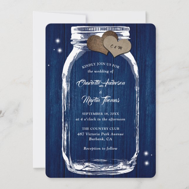 Invitation Marine Blue Mason Coeurs jarres Grange Mariage en  (Devant)