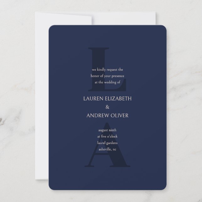 Invitation Marine Blue Modern Initiales Monogramme Mariage In (Devant)