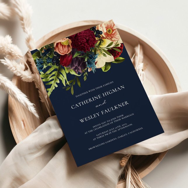 Invitation Marine Blue Moody Floral Bourgogne Mariage (Créateur téléchargé)