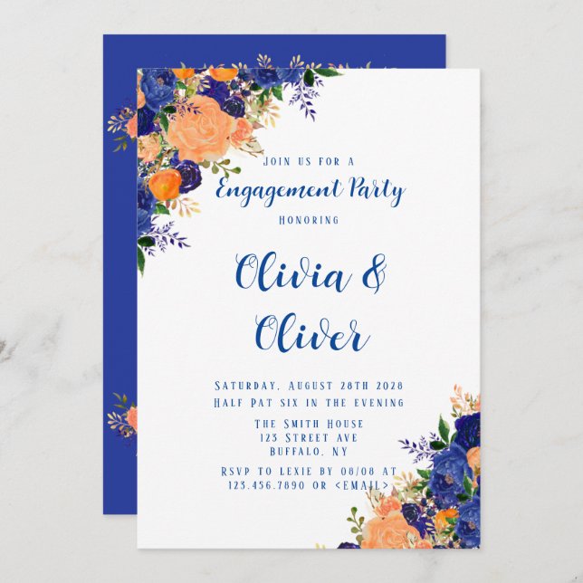 Invitation Marine Blue Orange Botanique Floral Engagement (Devant / Derrière)