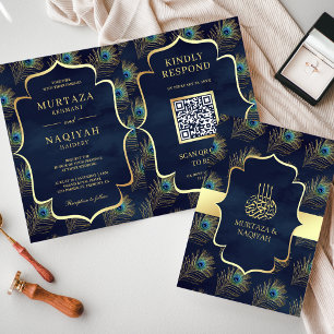 Invitation Marine Blue Peacock Feathers QR Code Mariage musul