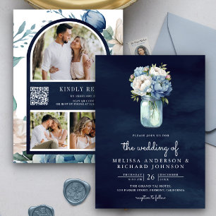 Invitation Marine Blue Peony Mason Jar QR Code Mariage