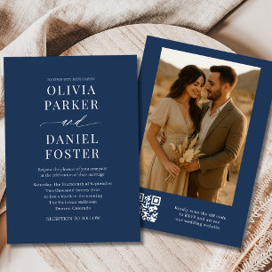 Invitation Marine Blue QR Code Élégant Mariage photo