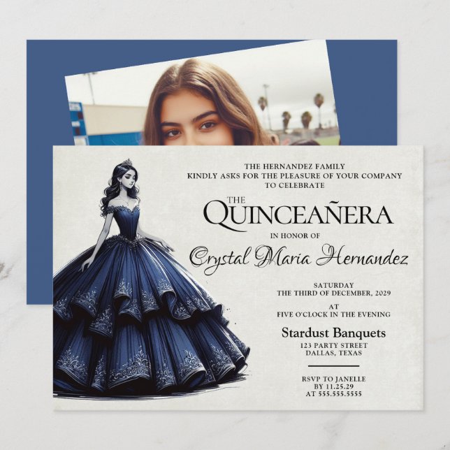 Invitation Marine Blue Quinceañera (Devant / Derrière)