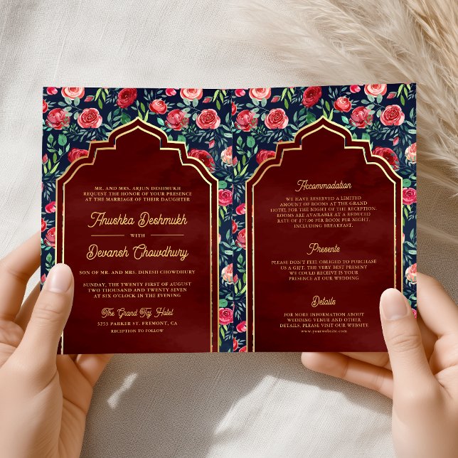 Invitation Marine Blue Red Roses Floral Gold Mariage indien (Créateur téléchargé)