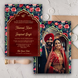 Invitation Marine Blue Red Roses Photo Anand Karaj Sikh Maria