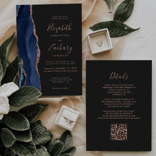 Invitation Marine Blue Rose Gold Agate Dark QR Code Mariage
