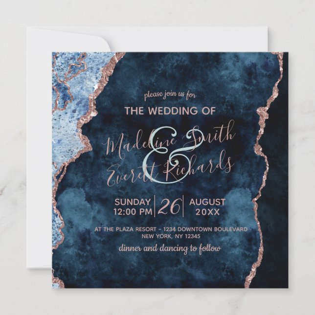 Invitation Marine Blue Rose Gold Agate Gilt Wedding Invitatio (Devant)