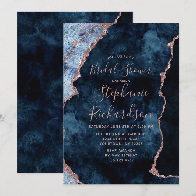 Invitation Marine Blue Rose Gold Agate nuptiale douche Invita (Devant / Derrière)