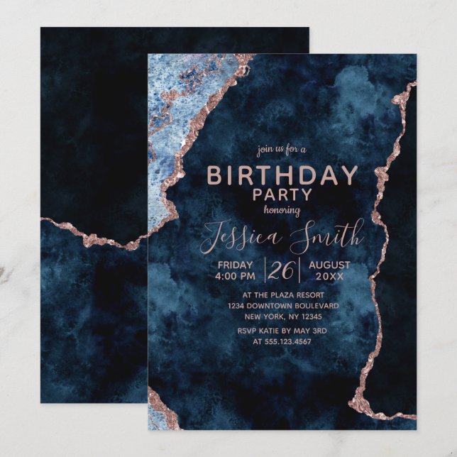 Invitation Marine Blue & Rose Gold Anniversaire de fête Invit (Devant / Derrière)