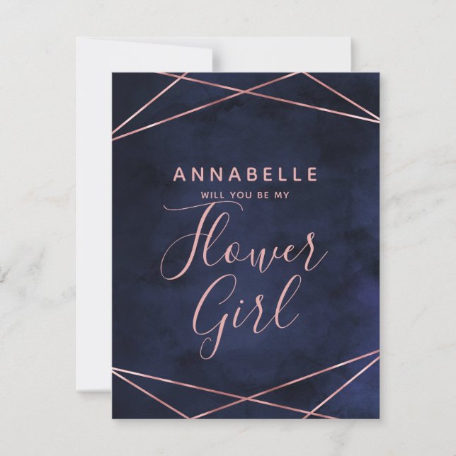 Invitation Marine Blue & Rose Gold Serez-Vous Ma Fille Fleur (Devant)