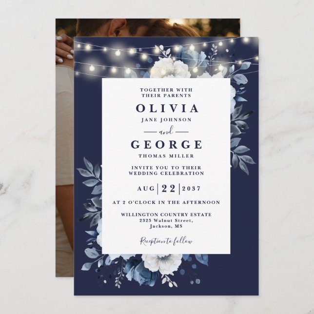 Invitation Marine Blue Rustic String Light Floral Photo Maria (Devant / Derrière)