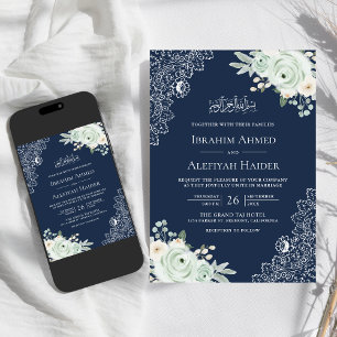 Invitation Marine Blue Sage Green Floral Lace Mariage musulma