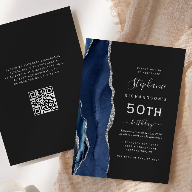 Invitation Marine Blue Silver Agate QR Code 50e anniversaire (Créateur téléchargé)
