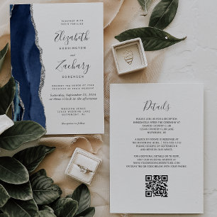 Invitation Marine Blue Silver Agate QR Code Mariage
