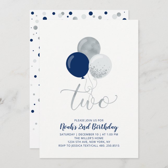 Invitation Marine Blue & Silver Balloons Boy 2e fête d'annive (Devant / Derrière)