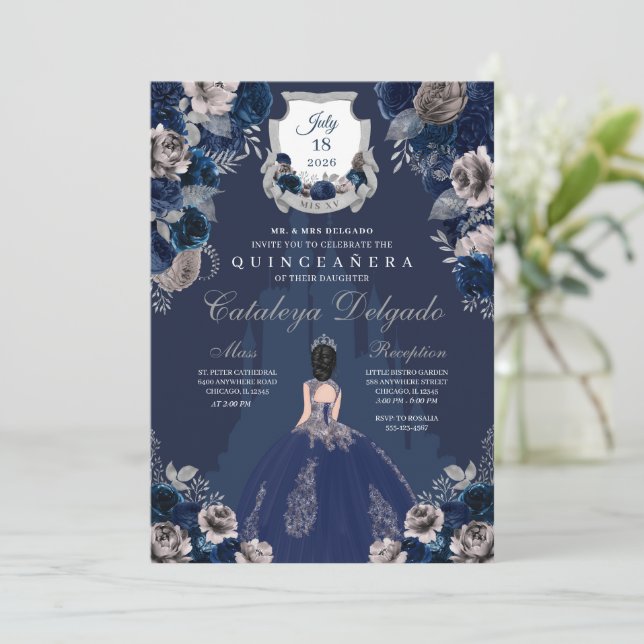 Invitation Marine Blue & Silver Princess Castle Quinceañera (Debout devant)