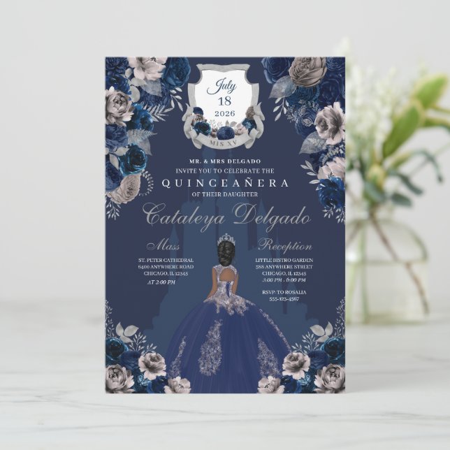 Invitation Marine Blue & Silver Princess Castle Quinceañera (Debout devant)