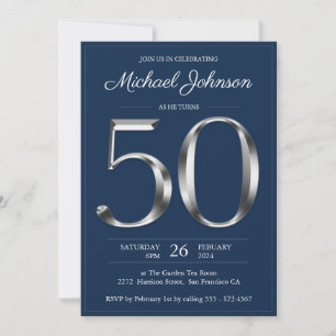 Invitation Marine Blue Silver Typographie 50e anniversaire fê