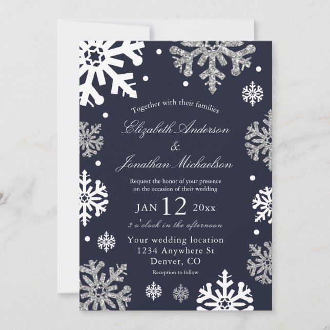 Invitation Marine Blue Snowflakes Mariage d'hiver (Devant)