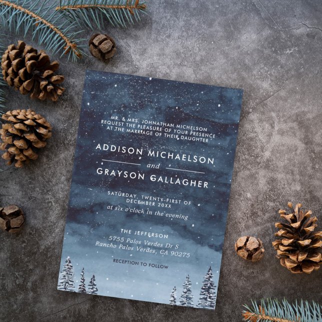 Invitation Marine Blue Snowy Winter Wonderland Mariage offici (Snowy winter wonderland navy blue night sky makes an elegant visual for your winter wedding.)