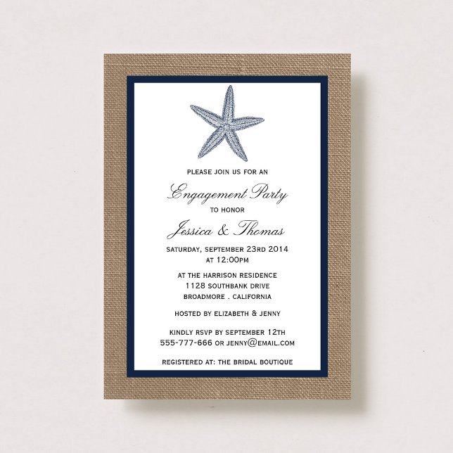 Invitation Marine Blue Starfish Burlap Beach Fiançailles Douc (Créateur téléchargé)