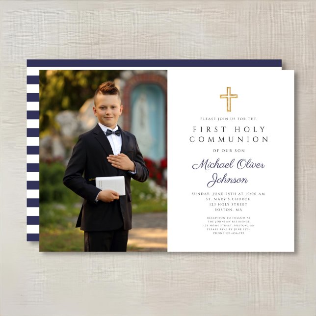 Invitation Marine Blue Stripes Boy First Communion Photo (Navy Blue Stripes Boy First Communion Photo Invitation)