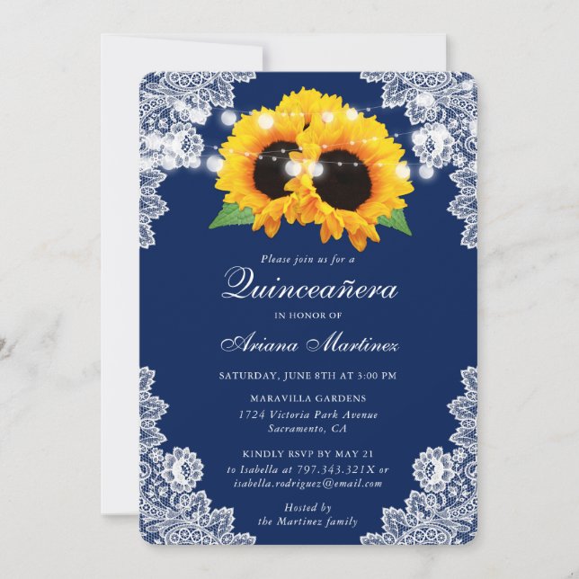 Invitation Marine Blue Sunflower Quinceañera (Devant)