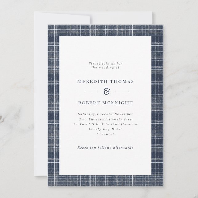 Invitation Marine Blue Tartan Scottish Winter Wedding (Devant)