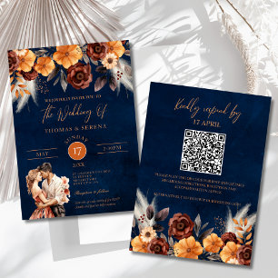 Invitation Marine Blue Terracotta rouille QR Code Pampas Grai