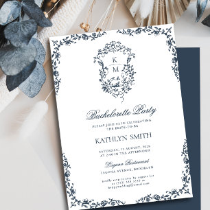 Invitation Marine Blue Vintage Crest Floral Bachelorette Part