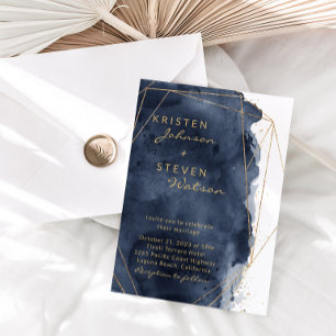Invitation Marine Blue Watercolor & Gold Mariage