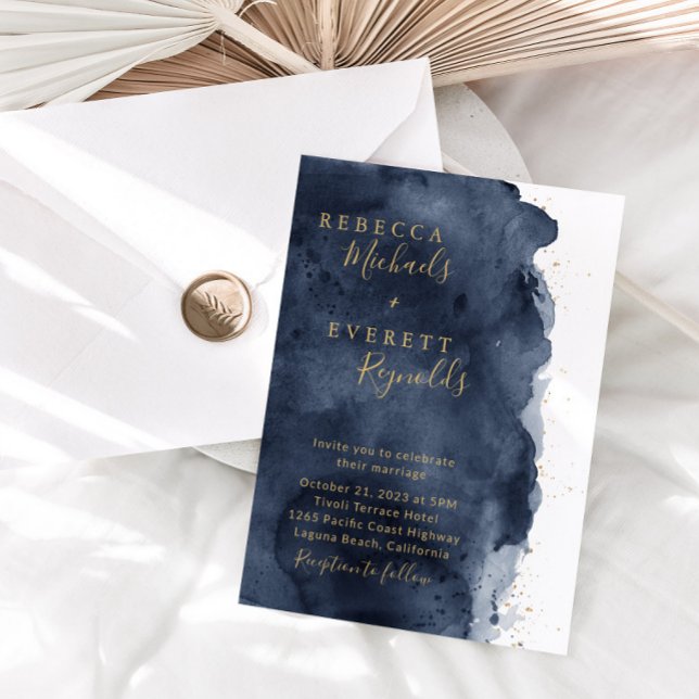 Invitation Marine Blue Watercolor & Gold Mariage (Créateur téléchargé)