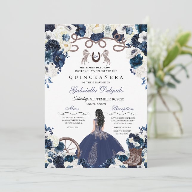 Invitation Marine Blue Western Charra Girl Ranchero Quinceane (Debout devant)