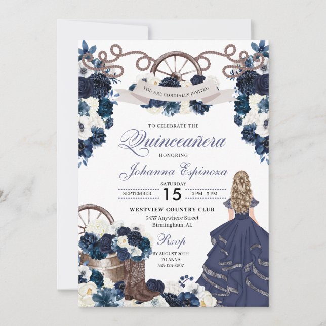 Invitation Marine Blue Western Ranchero Quinceanera (Devant)