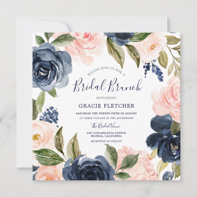Invitation Marine Blush Aquarelle Fleurs Fête des mariées Bru (Devant)