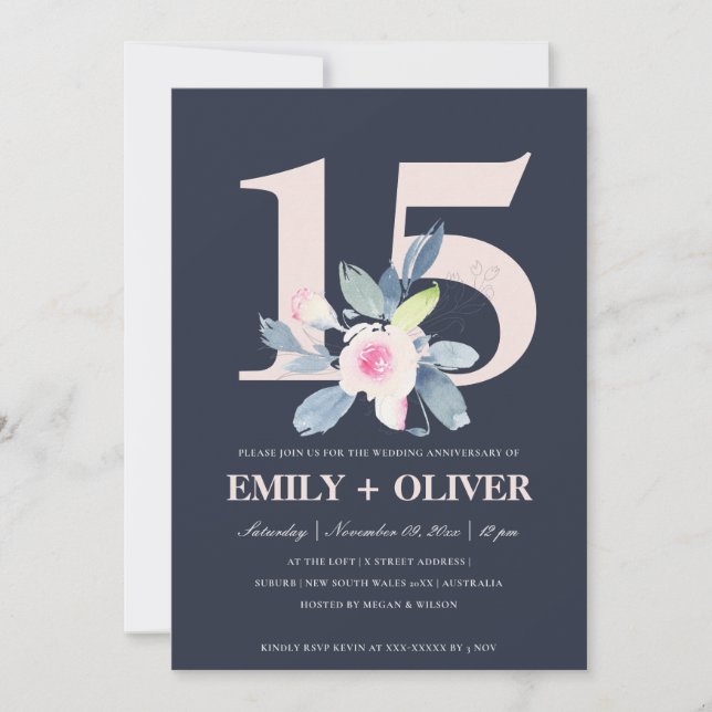 INVITATION MARINE BLUSH BLUE FLORAL 15E TOUTE ANNÉE ANNIVERSA (Devant)