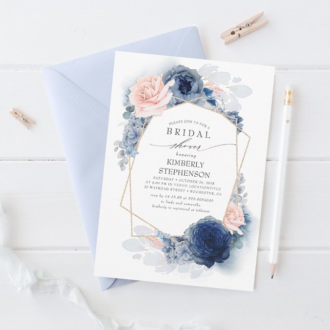 Invitation Marine Blush Dusty Blue Floral Fête des mariées mo (Créateur téléchargé)