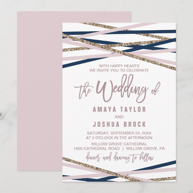 Invitation Marine Blush et Gold Streamers Le Mariage de (Devant / Derrière)