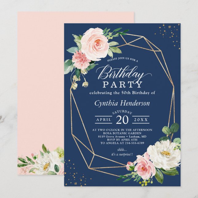 Invitation Marine Blush Floral Adulte fête d'anniversaire (Devant / Derrière)