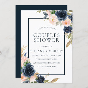 Invitation Marine & Blush Floral Élégant Couples Douche