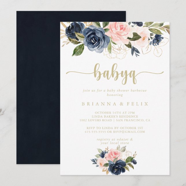 Invitation Marine Blush Floral Gold BabyQ Baby shower Barbecu (Devant / Derrière)
