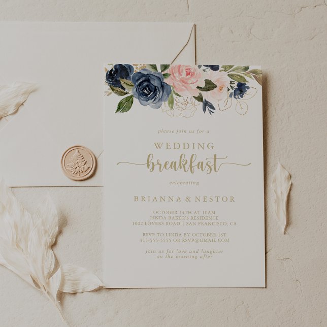 Invitation Marine Blush Floral Gold Mariage Petit-déjeuner (Créateur téléchargé)